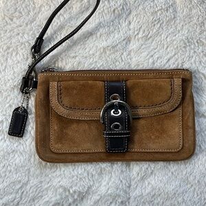COACH Vintage Brown Suede Wristlet w/Black Strap